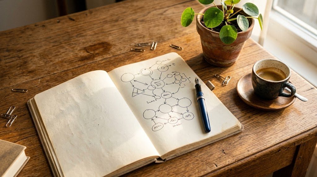 Open notebook met handgeschreven AEO-strategie schema, espresso en plant op een houten bureau
