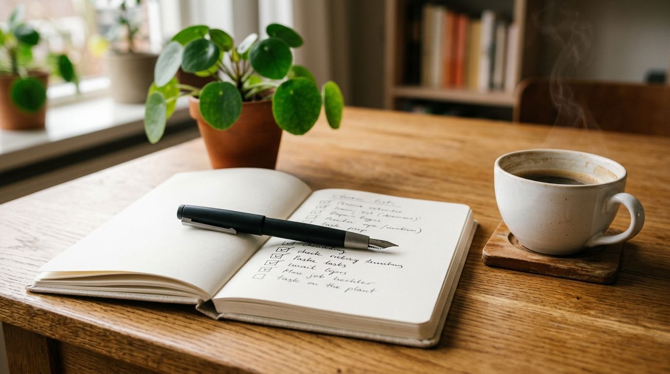 AI Act checklist met pen en koffie op Nederlands houten bureau