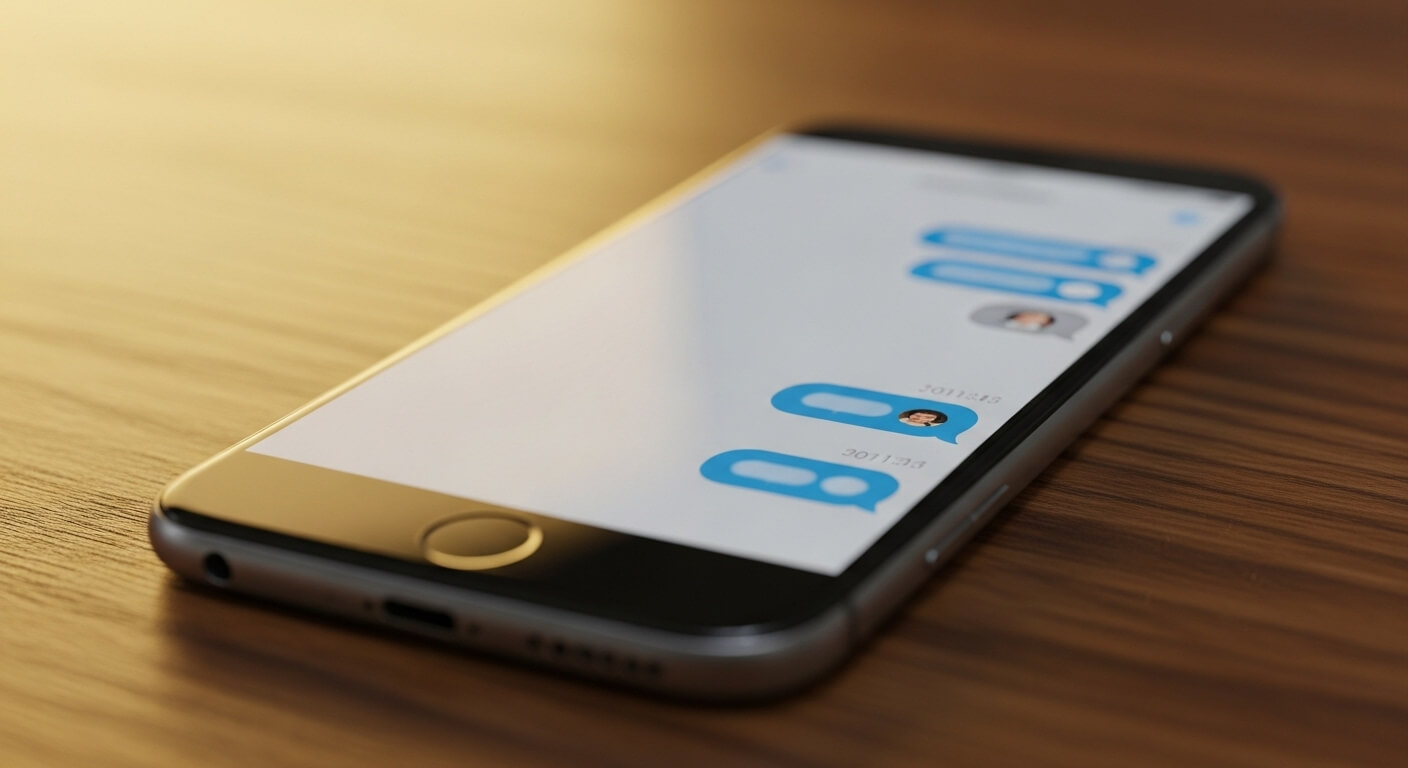 Smartphone op bureau met chatgesprek zichtbaar