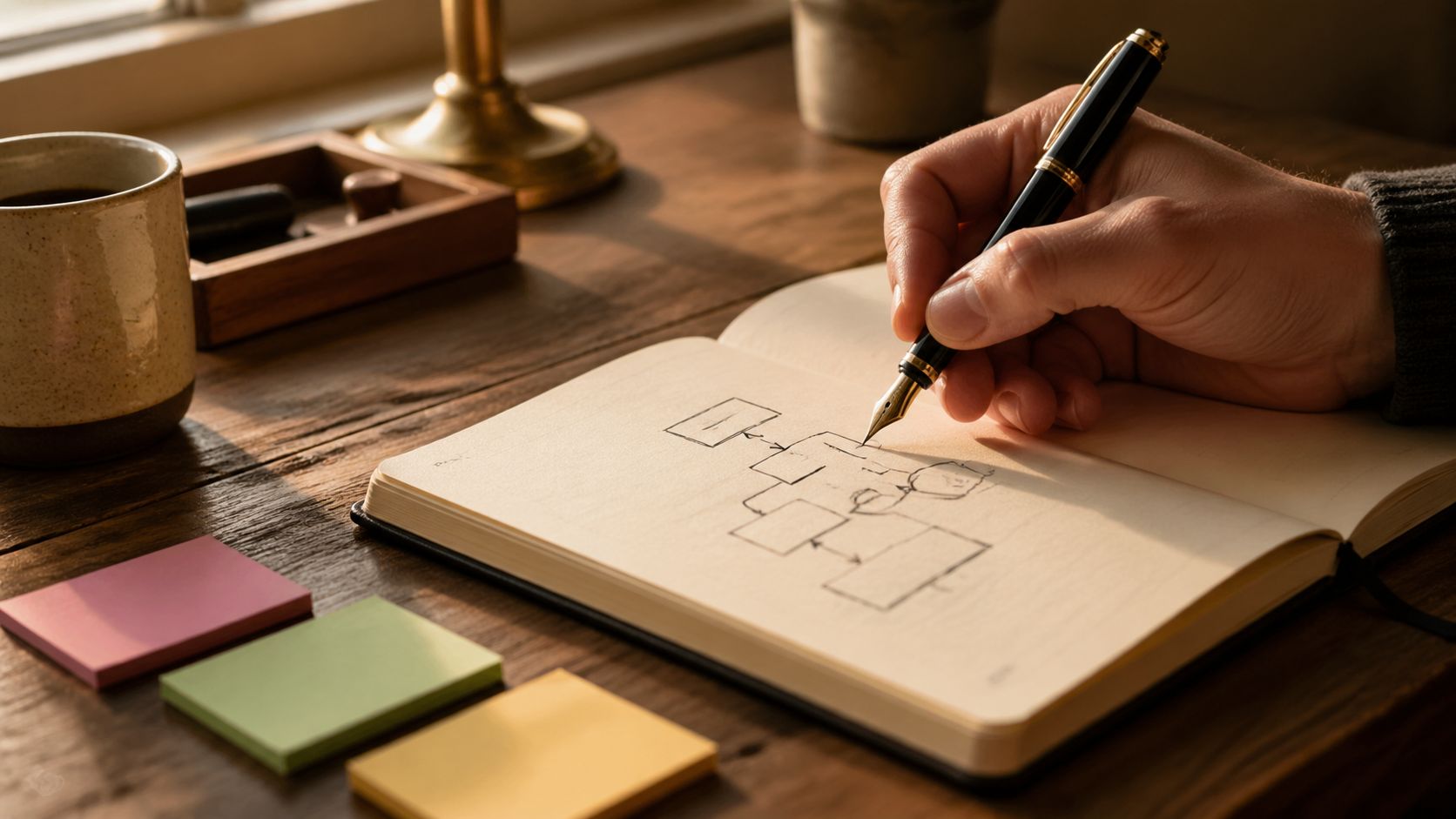 MKB-ondernemer schetst AI-implementatie stappen op een whiteboard met sticky notes