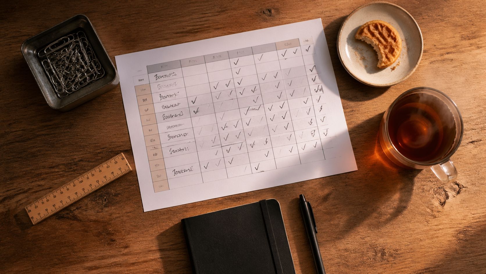 Top-down flat-lay van een MKB-planning desk met weekschema, notitieboek, pen, ruler en thee