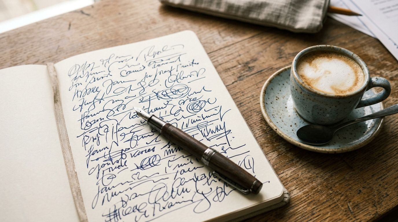 Marketing checklist en notities op een werkbureau met koffie en laptop