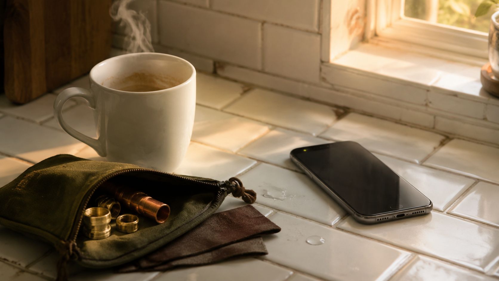 MKB-eigenaar bekijkt zijn telefoon-overzicht in een rustige werkochtend