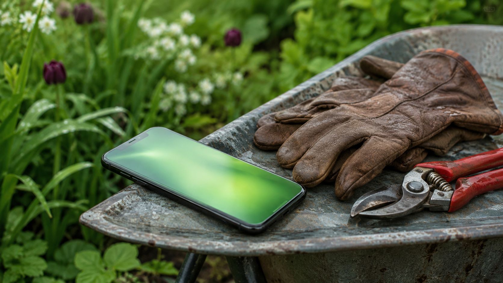 Telefoon met een rustige inkomende oproep op de toonbank van een Nederlandse zaak, terwijl de eigenaar op de achtergrond een klant helpt