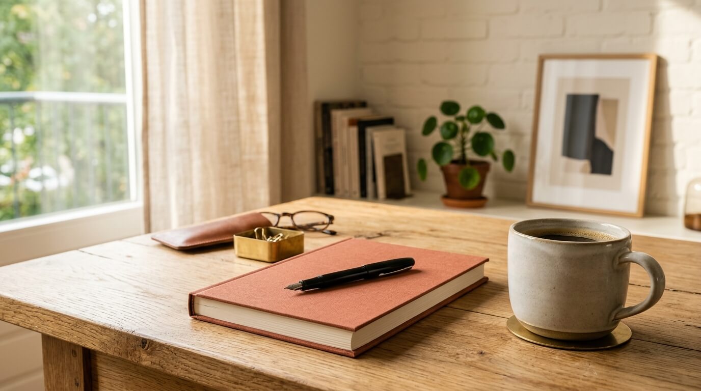 Notitieboek en koffie op een houten bureau