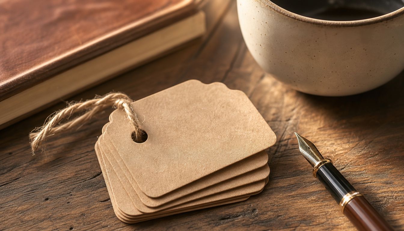 Kraft papieren labels met touwtjes op een houten bureau naast een vulpen en een kop koffie
