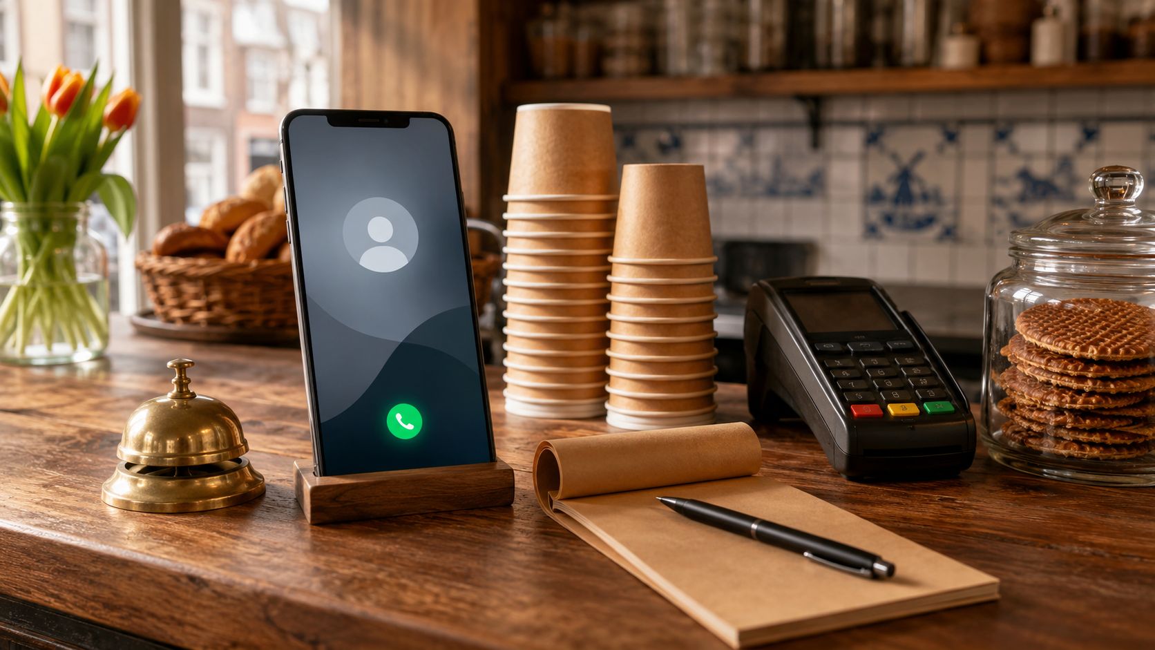 Telefoon op de balie van een MKB-zaak met een binnenkomende oproep, naast een agenda en koffie