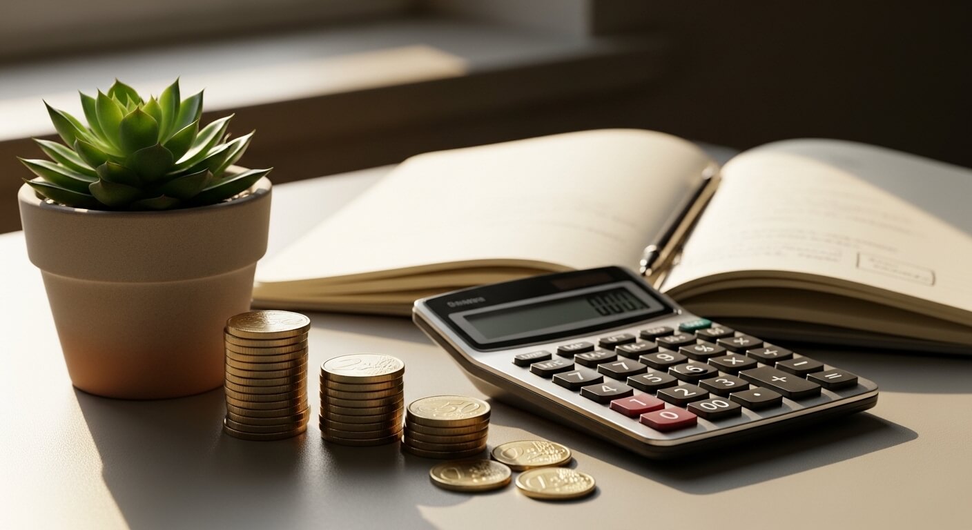 Overzichtelijk Nederlands bureau met calculator en eurocoins