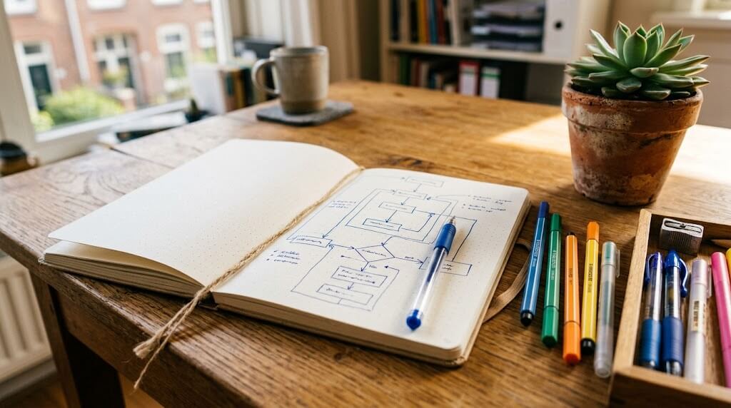 Notitieboek met flowchart op een houten bureau