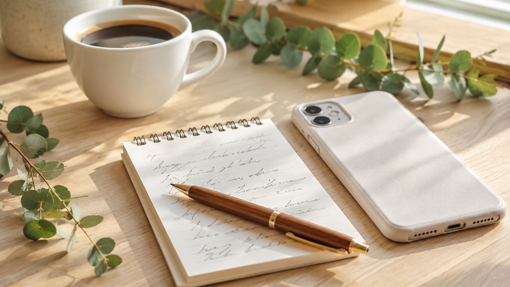 Notitieblok met handgeschreven vragen, een pen en een telefoon op een lichte houten balie naast koffie en eucalyptus