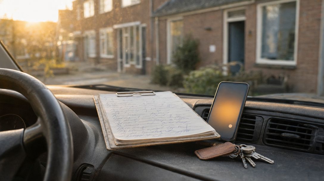 Klembord met een handgeschreven werkbon en een telefoon op het dashboard van een bestelbus