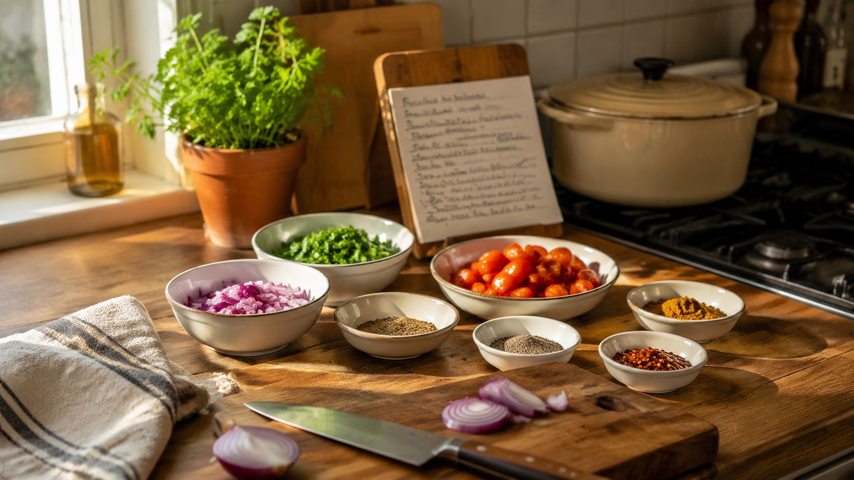 Mise-en-place op een keukenwerkblad: alles op zijn plek klaargezet