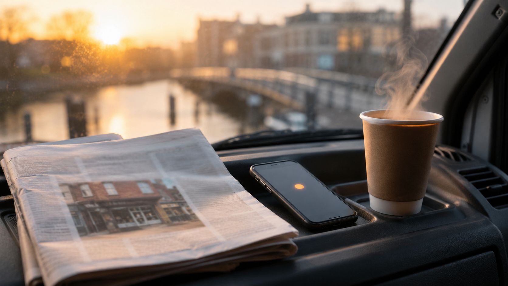 Uitgeprint persbericht met aantekeningen naast een kop koffie op een houten tafel