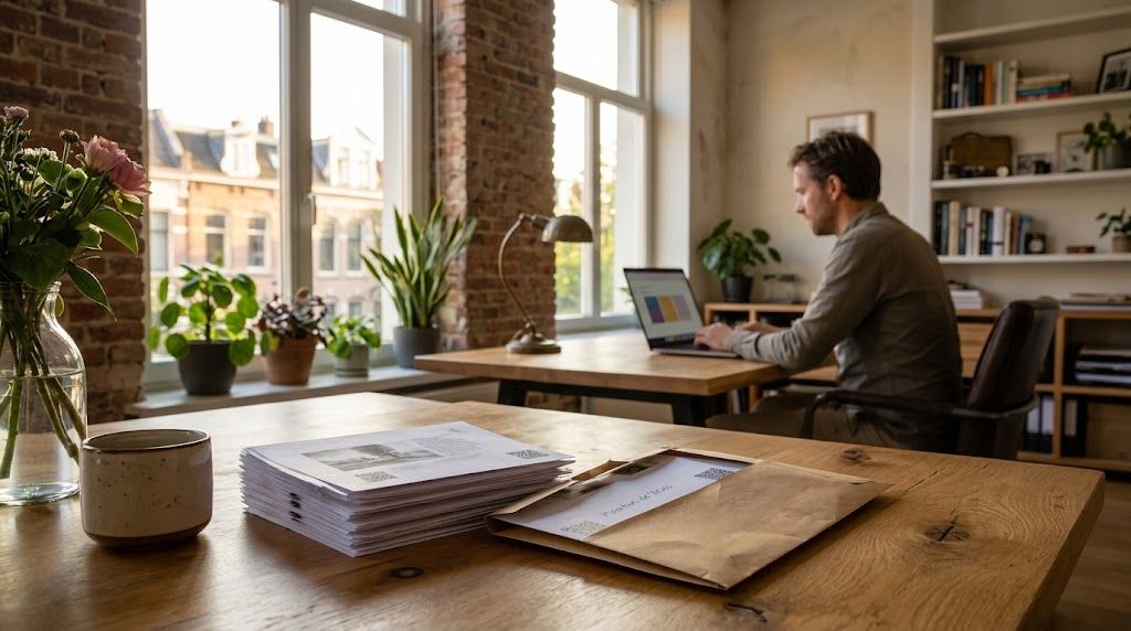 Stapel persoonlijke direct mail brieven met QR-code op een Nederlandse werkplek