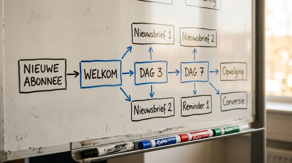 MKB ondernemer plant e-mail flows uit op een whiteboard