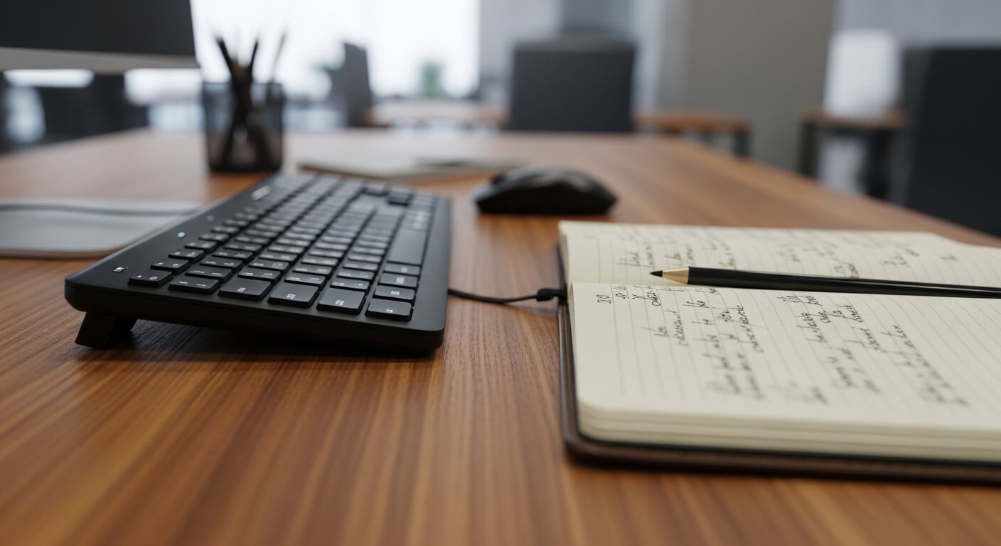 Toetsenbord en notitieboek op een bureau