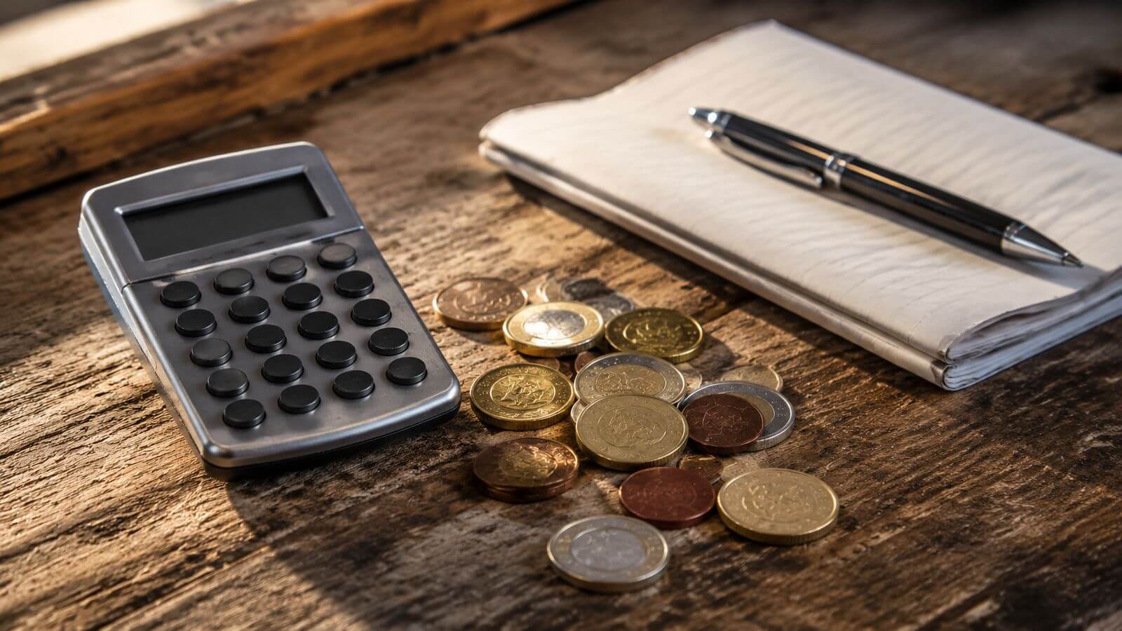 Rekenmachine, euromunten en een notitieblok met een uitgerekende maandprijs op een Nederlandse werkbank