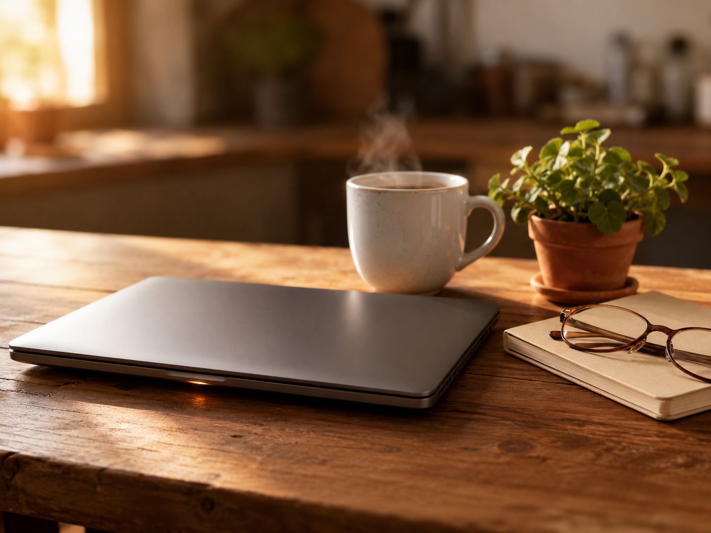 Ondernemer controleert de e-mailinstellingen van zijn nieuwsbrief op een laptop aan de keukentafel