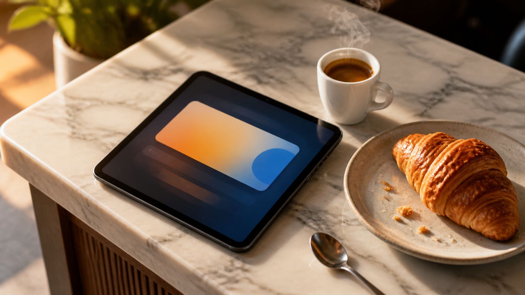 Tablet op een marmeren café-pass met Facebook Ads notificatie en espresso, met op de achtergrond een MKB-eigenaar die een vaste klant bedient