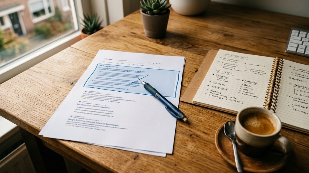 SEO-documenten en zoekresultaten op een bureauscherm