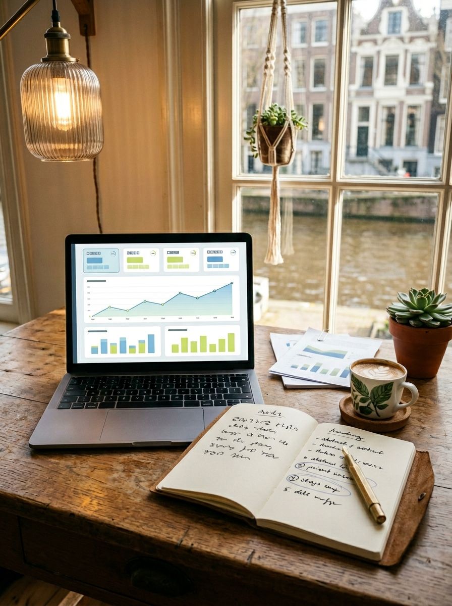 GA4-dashboard met handgeschreven KPI-notities en koffie op een Nederlands MKB-bureau