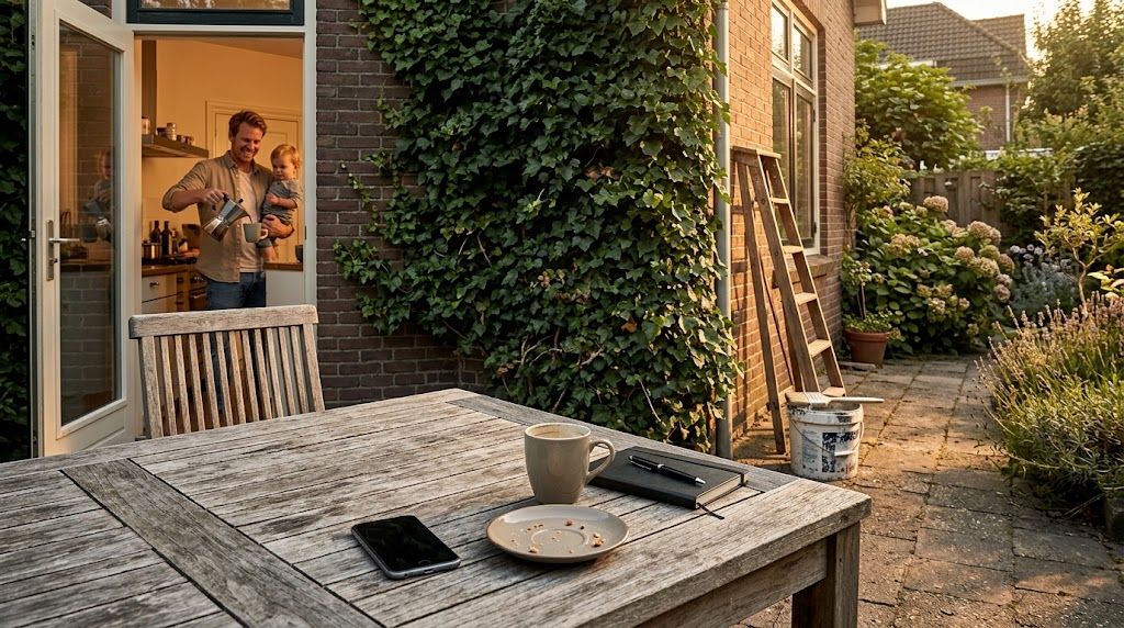 Wijdere kijk op het Nederlandse achtertuin-terras: dezelfde houten tuintafel met smartphone, koffiebeker en notitieboekje, baksteenmuur met klimop, ladder tegen de gevel, en in de keukendeur een vader met kind die koffie inschenkt — late namiddag, gouden zon, hamer ernaast, krullen hout, mok koffie op een omgekeerde verfemmer — vakman heeft het profiel net live gezet en is doorgegaan met werken
