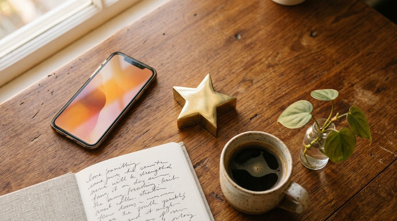 Google review verzoek met gouden ster, notitieboek en koffie op een Nederlands thuiskantoor bureau