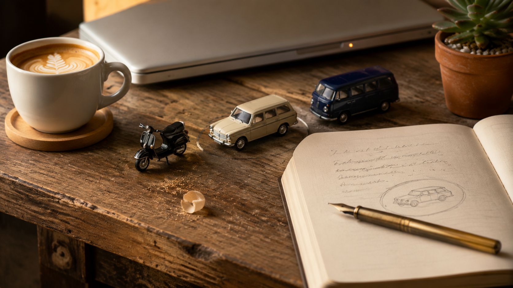 Werkbank van een Nederlandse ondernemer in ochtendlicht met laptop en notitieboek waar drie gereedschappen naast elkaar liggen, elk in een eigen formaat
