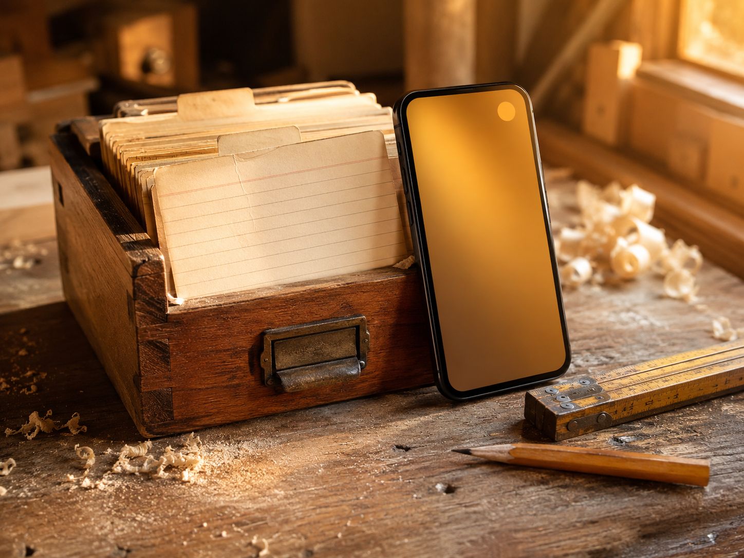 Werkbank met een klantenkaart en een telefoon die een reactiveringsmail toont