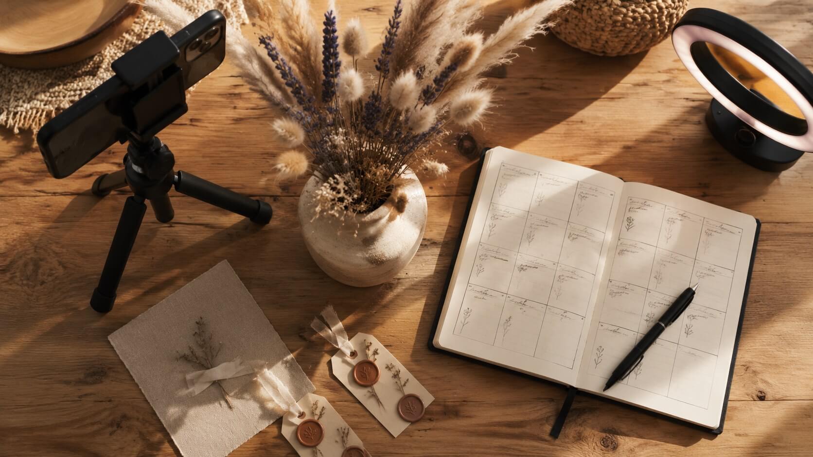 Top-down flat-lay van een Instagram-shoot setup in een Dutch boutique: smartphone op tripod, ceramiekvaas met droogbloemen, open notitieboek met handgeschreven content kalender