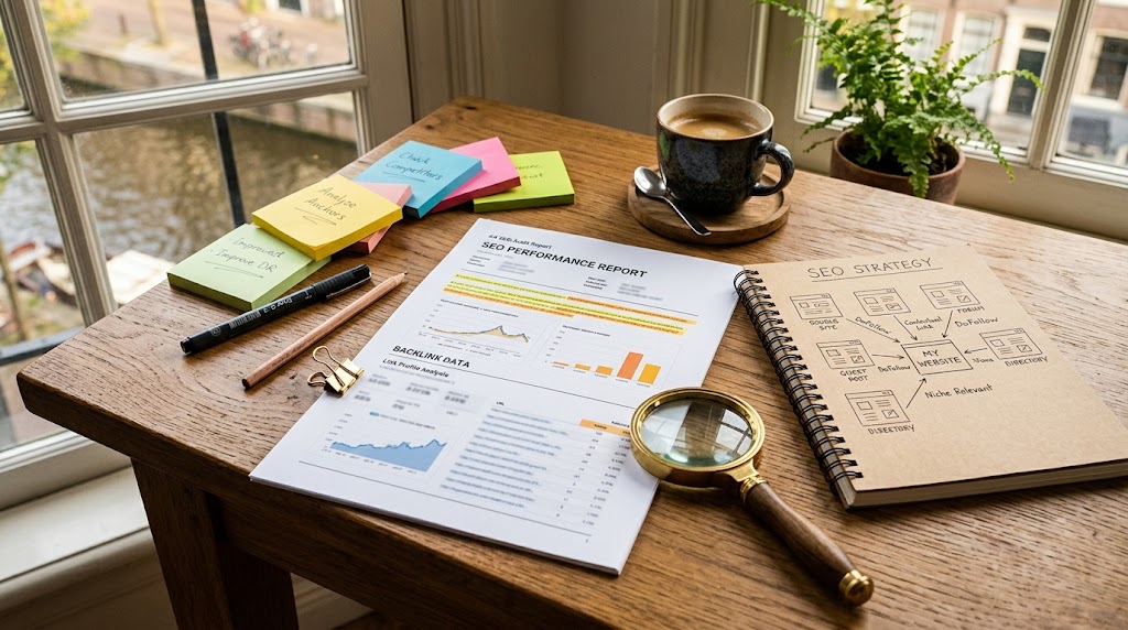 Werkbank met SEO-documenten en koffie in een Nederlands kantoor