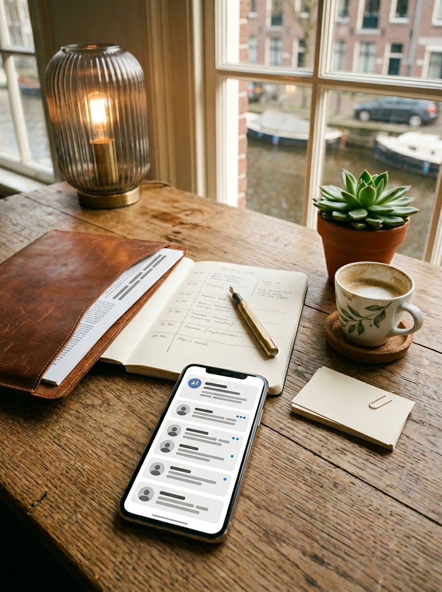 LinkedIn-strategieboek met handgeschreven contentkalender, espresso en B2B-leadgen-checklist op een Nederlands kantoor