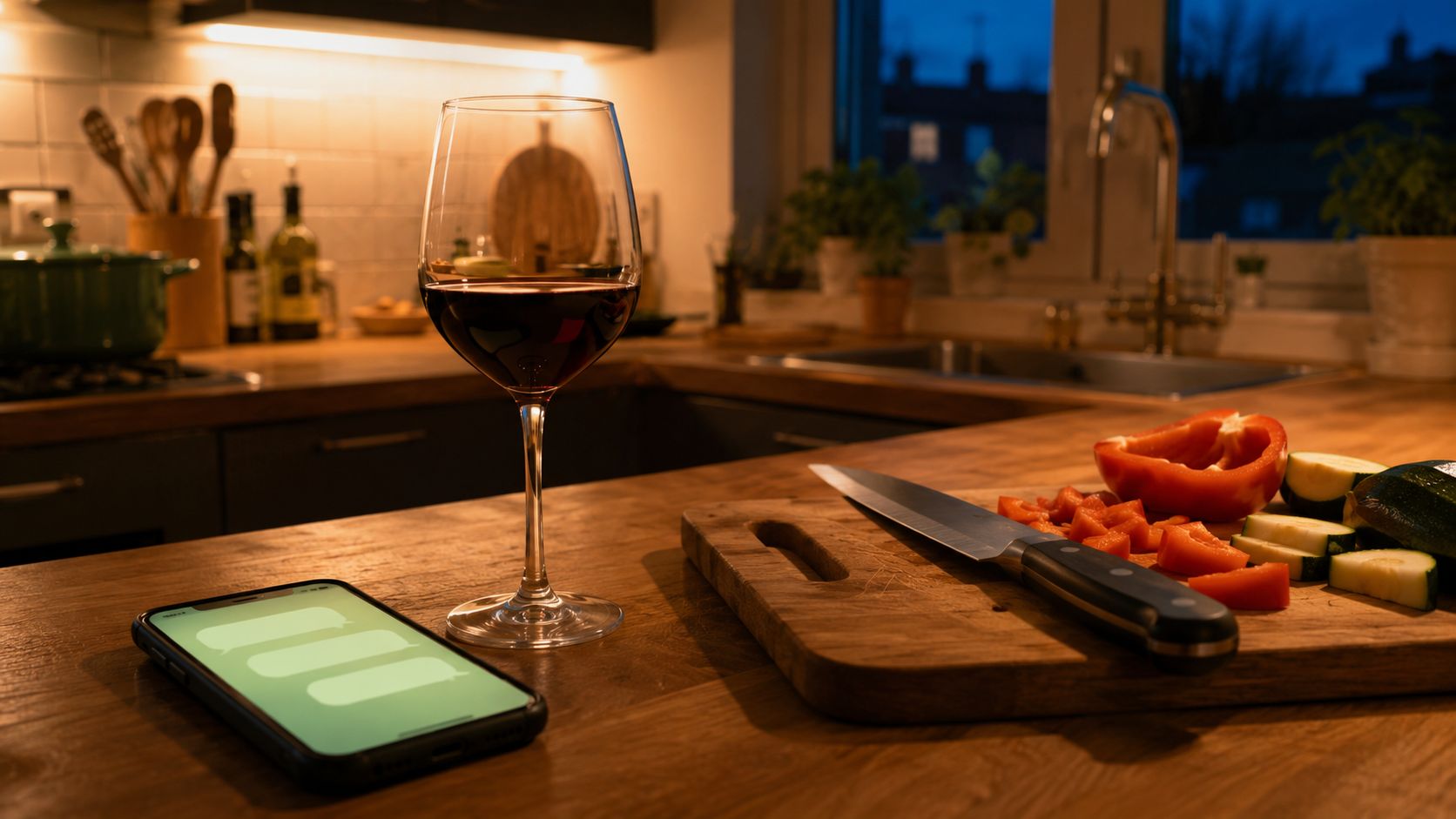 Telefoon met chatgesprek naast een kop thee op een keukentafel in de avond