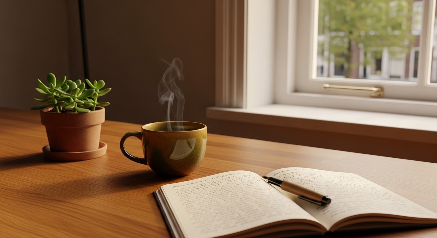 Werkplek met branded materialen in warm licht