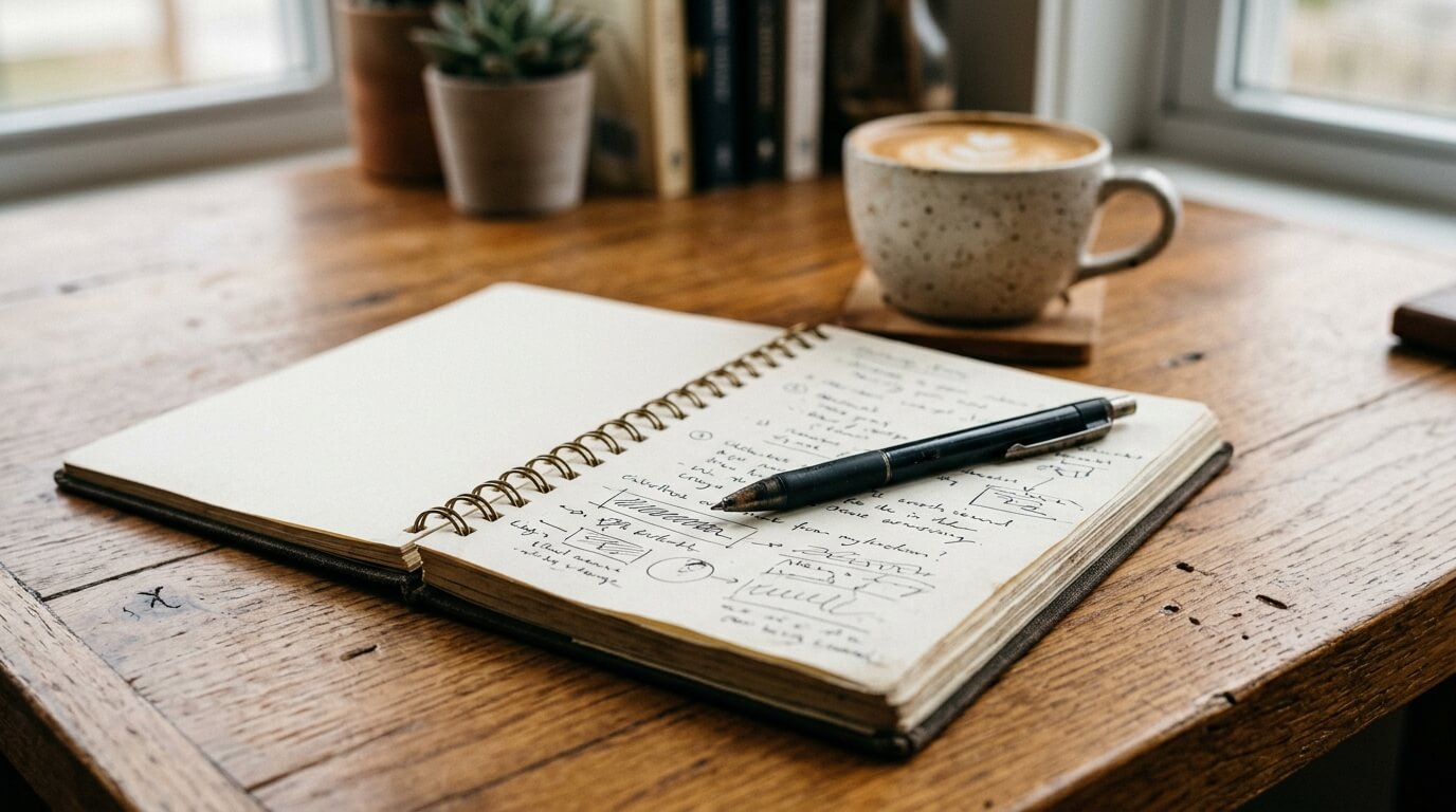 Notitieboek en pen op een houten bureau