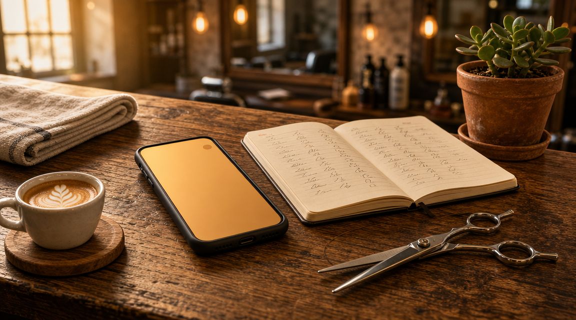Telefoon op een keukenwerkblad met een WhatsApp afspraakherinnering, kop koffie en agenda — ondernemer kan ontspannen want het systeem stuurt automatisch