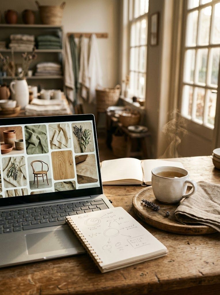 Pinterest moodboard met pins van Nederlandse interieurinspiratie en zakelijke account-statistieken op een werkbankje