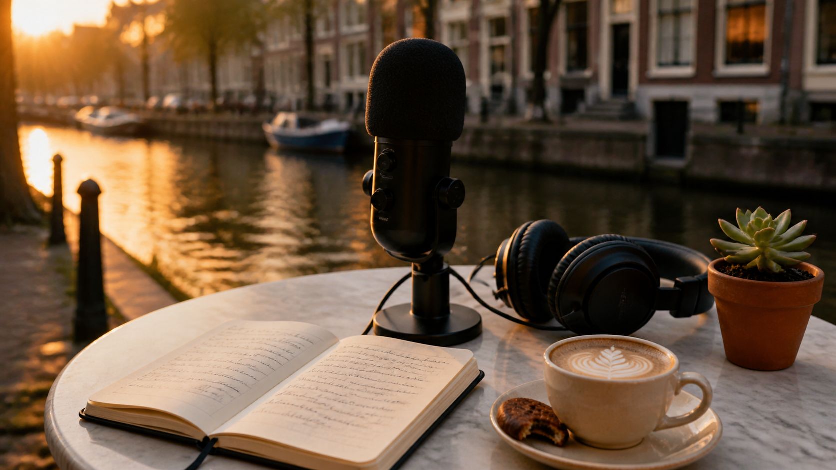 USB-microfoon, koptelefoon en notitieblok op een marmeren café-tafel langs een Amsterdamse gracht — opname-setup voor een MKB-podcast in zacht middagzicht