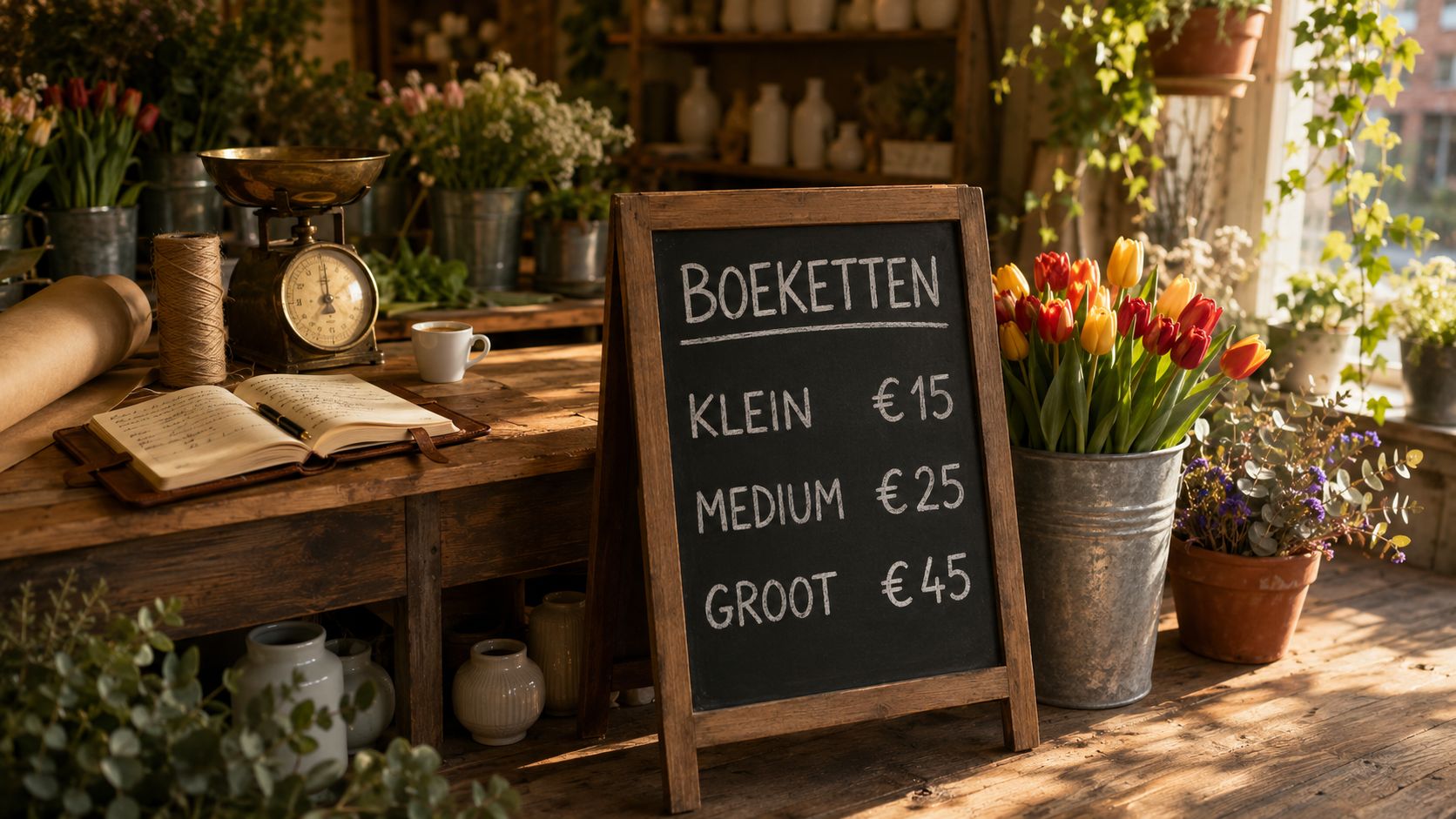 Ondernemer reflecteert over prijsstrategie tijdens een rustige ochtend met koffie en notities op de keukentafel