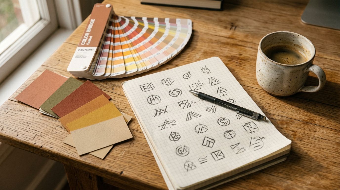 Pantone-kleurwaaier en kleurstalen op een houten ontwerptafel met handgetekende logo-iteraties — typische refresh-fase voor een MKB-merk
