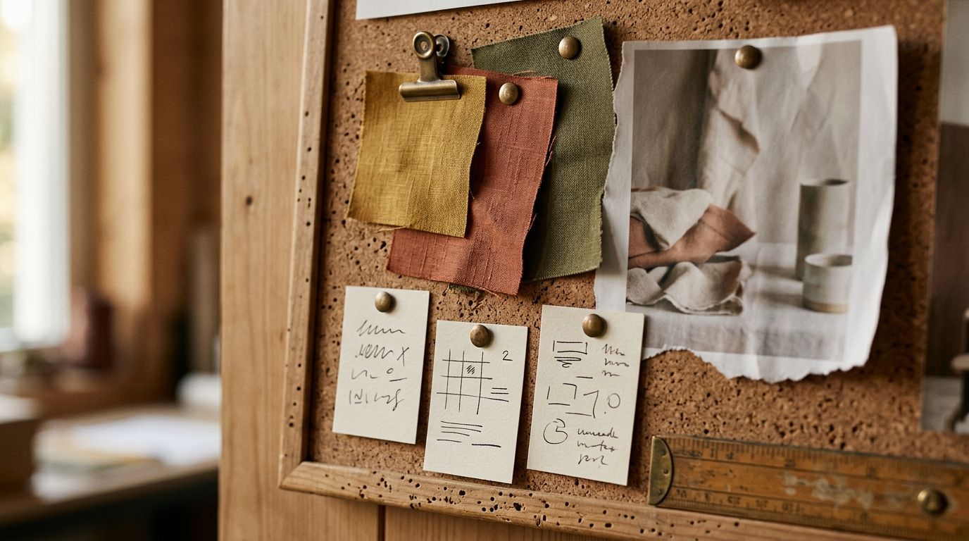 Moodboard met aardetint-stoffen, brons-clip, handgeschreven indexkaarten en magazinescheur — strategische rebranding-fase voor een MKB