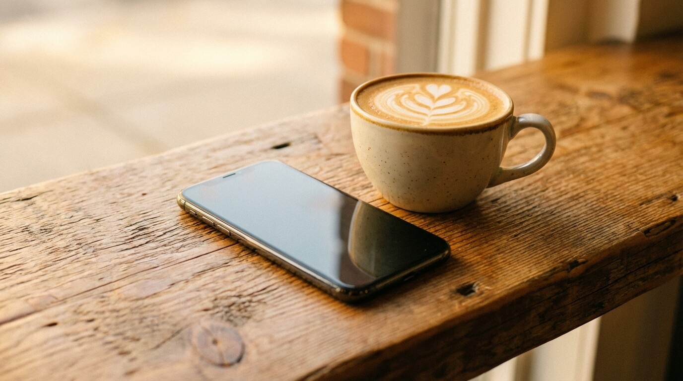 Smartphone op een houten toonbank