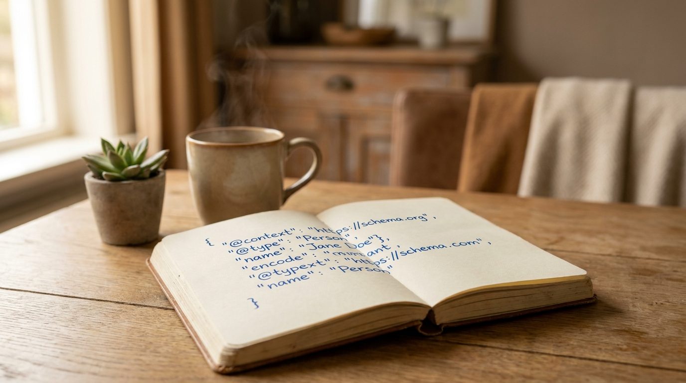 Houten bureau met handgeschreven JSON-LD schema voorbeeld en laptop met MKB-website