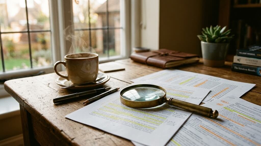 Vergrootglas op SEO-documenten op een houten bureau