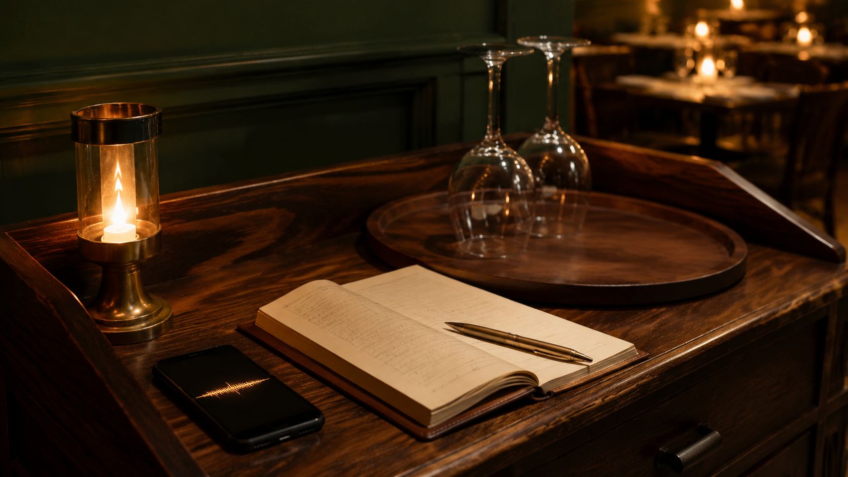 Telefoon met zachte spraakgolf-gloed naast het reserveringsboek op de gastvrouwstandaard van een restaurant