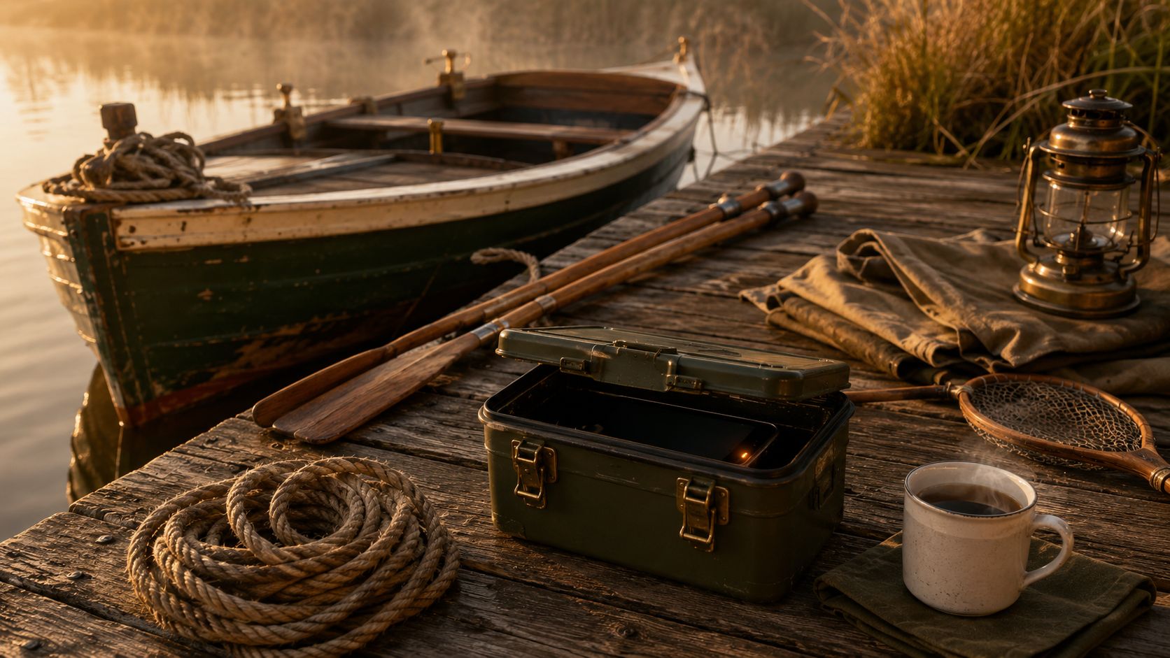Buitenboordmotor van een vissersboot vastgezet op een houten roeiboot in een Nederlandse haven, ochtendlicht