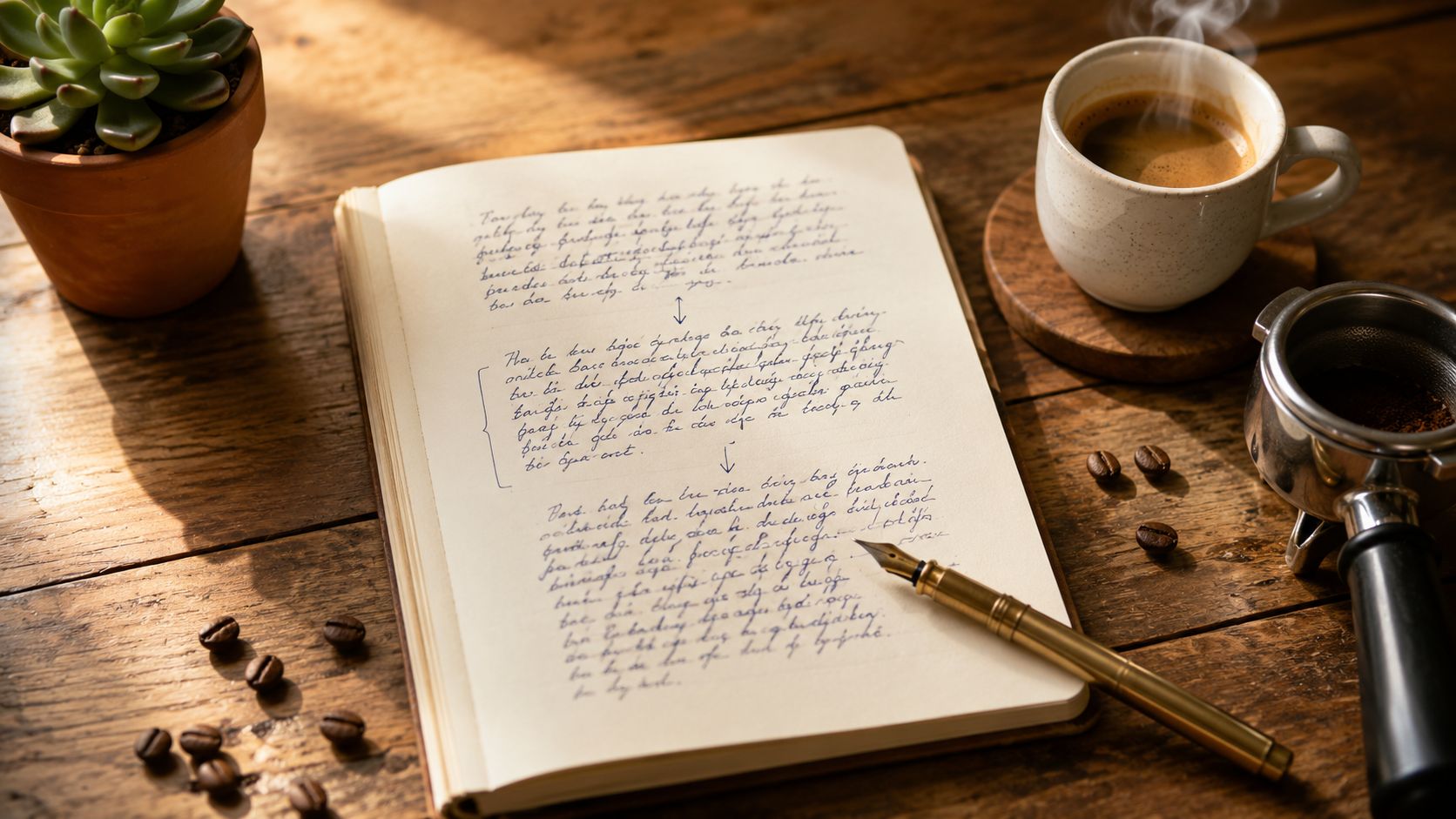 Open notitieboekje met handgeschreven gespreks-script op een houten keukentafel, koffiebeker en pen ernaast in vroege ochtendzon