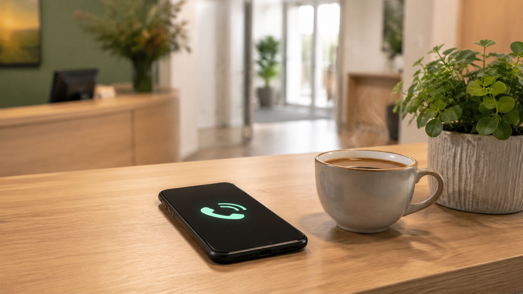 Smartphone met een zacht oproepscherm op een opgeruimde receptiebalie naast een plantje
