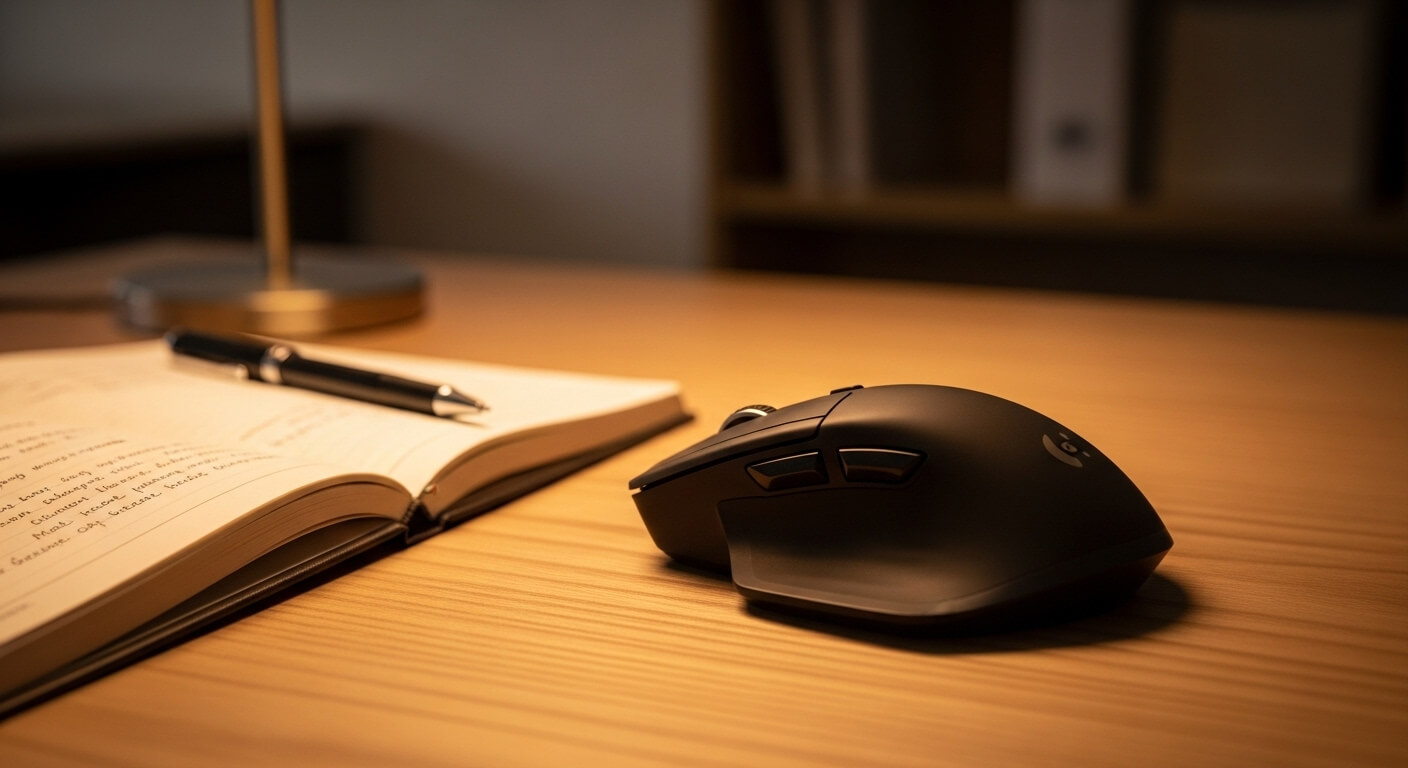 Laptop op een houten bureau met koffie en notitieblok
