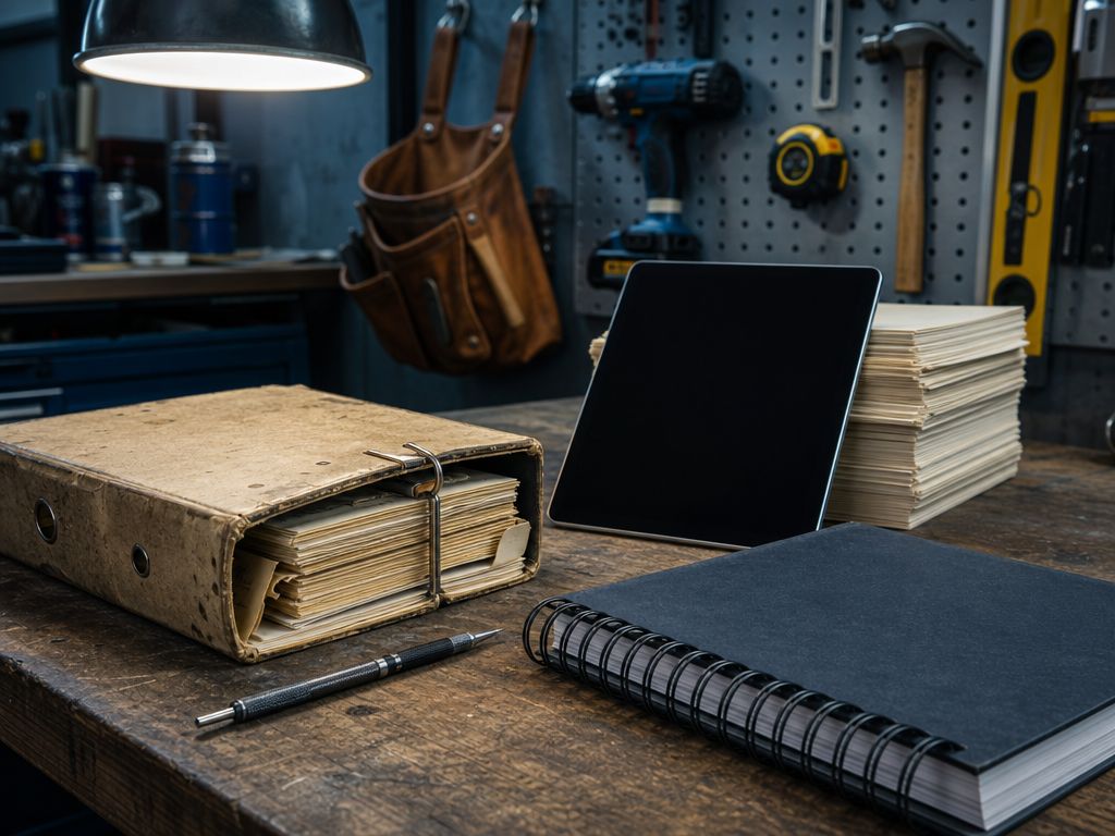 Werkplaats-bureau van een Nederlandse MKB-er met papieren binder, tablet en order-formulieren